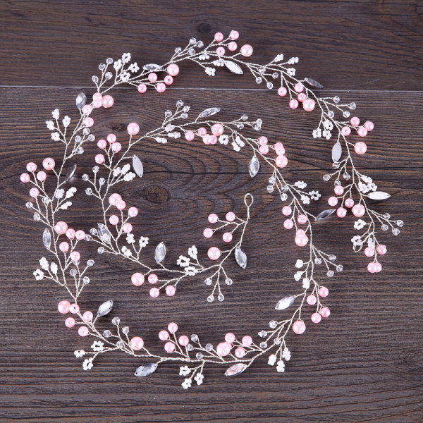 F-0877 Romantic Pink Pearl Crystal Headbands for Bridal Handmade Wedding Engagement Hair Accessories