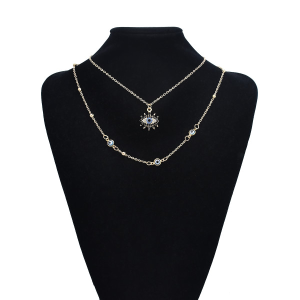 N-7529 European Fashion Gold Plating Full Diamond Round Pendant Necklace Cubic Zirconia Blue Evil Eyes Necklace For Women