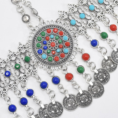 F-0880 Women Colorful Beads Coin Tassel Belly Dance Head Chain Costume Gypsy Maang Tikka Costume Jewelry