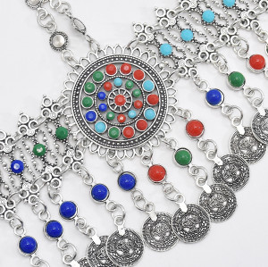F-0880 Women Colorful Beads Coin Tassel Belly Dance Head Chain Costume Gypsy Maang Tikka Costume Jewelry