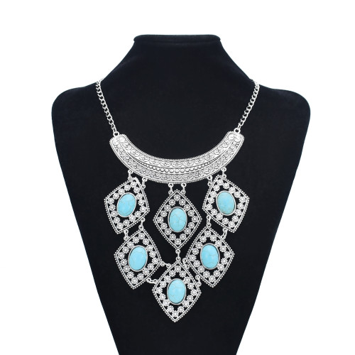 N-7535 Bohemian Gypsy Love Affair Necklace Silver Choker Bib Chunky Statement Fringe Turkish turquoise Necklace Jewelry
