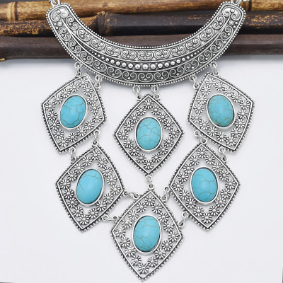 N-7535 Bohemian Gypsy Love Affair Necklace Silver Choker Bib Chunky Statement Fringe Turkish turquoise Necklace Jewelry