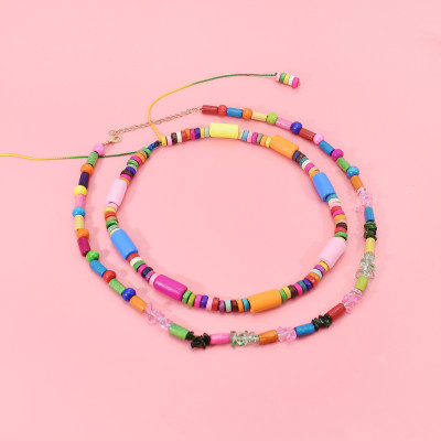 N-7536 Bohemian style colored wood irregular geometry beaded necklace African indigenous ethnic ethnic tribe retro ladies double necklace jewelry