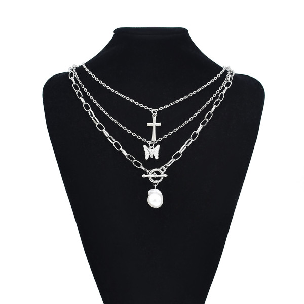 N-7538 Women Stainless Steel Silver Gold Plated Pearl Butterfly Tennis Choker Jewelry Charm Butterfly Necklace