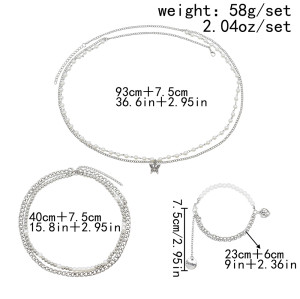 N-7543 New Fashion Silver Butterfly Heart Pendant Metal Chain Pearl Necklace Waist Chain Bracelet Set For Women Summer Beach Party Sexy Jewelry Set