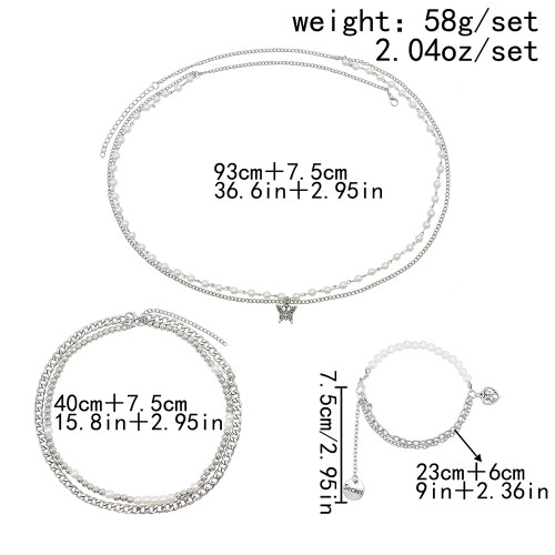 N-7543 New Fashion Silver Butterfly Heart Pendant Metal Chain Pearl Necklace Waist Chain Bracelet Set For Women Summer Beach Party Sexy Jewelry Set