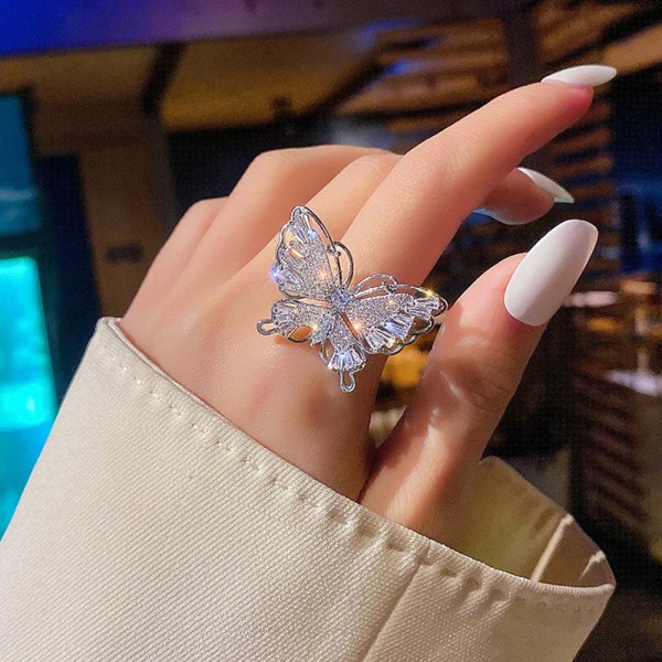 R-1543 Romantic Gold Silver Color Butterfly Cubic Zircon Wedding Open Finger Rings for Women Bridal Party Jewelry
