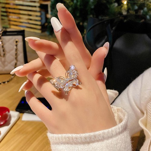 R-1543 Romantic Gold Silver Color Butterfly Cubic Zircon Wedding Open Finger Rings for Women Bridal Party Jewelry