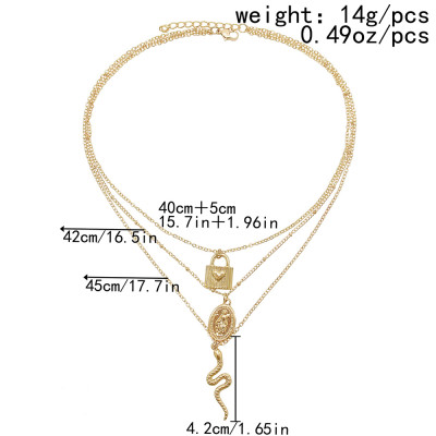 N-7544 Punk Gold Color Crystal Snake Lock Heart Pendant Necklaces For Women Summer Holiday Party Jewelry