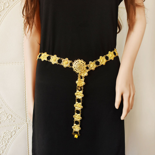 N-7545 New Women Gold Metal Belly Waist Chains Carved Flower Festival Dance Chain Arab Body Jewelry