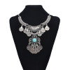 N-7546 Gypsy vintage silver carved coin tassel inlaid gemstone necklace for women Bohemian Indian ethnic style coin necklace jewelry
