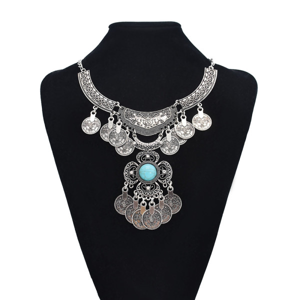 N-7546 Gypsy vintage silver carved coin tassel inlaid gemstone necklace for women Bohemian Indian ethnic style coin necklace jewelry