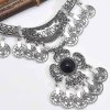 N-7546 Gypsy vintage silver carved coin tassel inlaid gemstone necklace for women Bohemian Indian ethnic style coin necklace jewelry