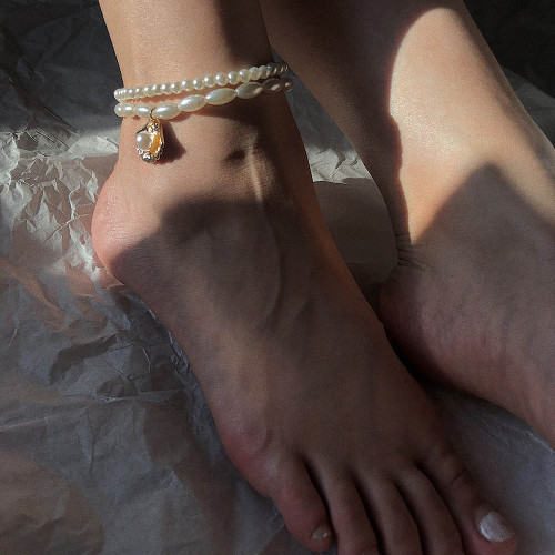 B-1114 2Pcs/Set Elegant Shell Pendant Pearl Beads Charm Anklet for Women Boho Summer Beach Foot Bracelet Jewelry
