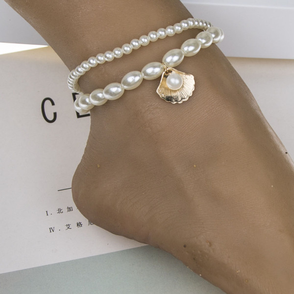 B-1114 2Pcs/Set Elegant Shell Pendant Pearl Beads Charm Anklet for Women Boho Summer Beach Foot Bracelet Jewelry