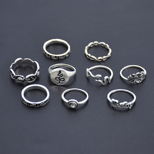 R-1546 New Bohemian Fashion Ring Set Hollow Heart-shaped Snake-shaped Carved Ring Ladies Fashion Jewelry