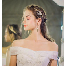 F-0891 Fashion Vintage Gold Crystal Leaf Headband Earring Sets for Bridal Wedding Hair Accessories