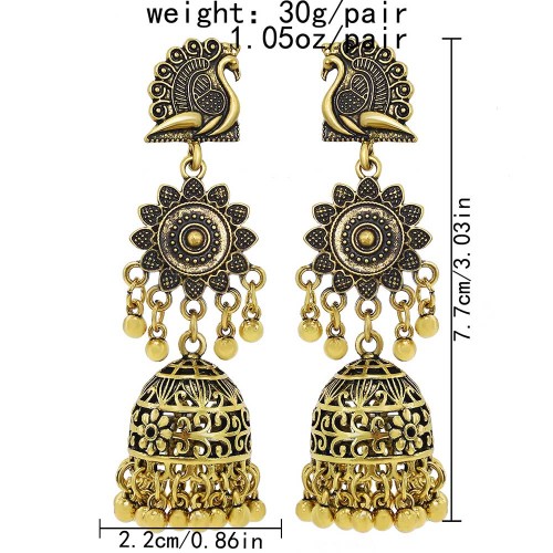 E-6132 Indian Jewelry Golden Silver Sunflower Peacock Lantern Pendant Bell Tassel Jhumka Jhumki Drop Earrings Golden Vintage Birdcage Bell Earrings Gypsy Jewelry