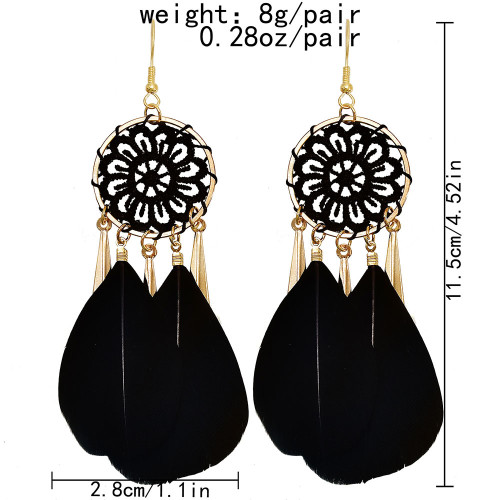 E-6134 Bohemian Stylish Girl Statement Gold Chain Tassel Wood Beads Drop Dream Catcher Women Feather Earrings