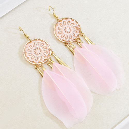 E-6134 Bohemian Stylish Girl Statement Gold Chain Tassel Wood Beads Drop Dream Catcher Women Feather Earrings