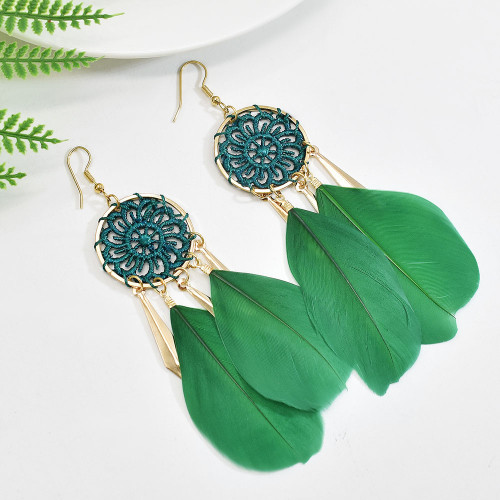 E-6134 Bohemian Stylish Girl Statement Gold Chain Tassel Wood Beads Drop Dream Catcher Women Feather Earrings