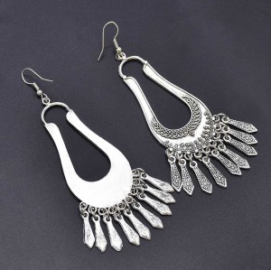 E-6136 Vintage Silver Metal Big Geometric Drop Dangle Earrings for Women Boho Ethnic Indian Tribal Party Jewelry