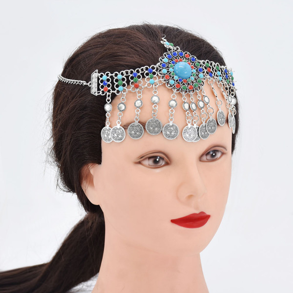 F-0894 Fashion Women Colorful Beads Coin Tassel Belly Dance Head Chain Costume Gypsy Maang Tikka Jewelry Accessories