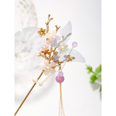 F-0901 Chinese style Hanfu retro butterfly flower purple metal hairpin metal chain tassel gourd pearl pendant palace step shake hair fork
