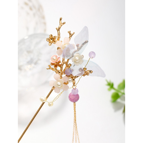 F-0901 Chinese style Hanfu retro butterfly flower purple metal hairpin metal chain tassel gourd pearl pendant palace step shake hair fork