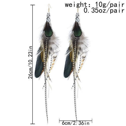 E-6148 5Colors Bohemian Ethnic Natural Feather Long Earrings Fashion Geometric Beads Chain Feather Tassel Earrings