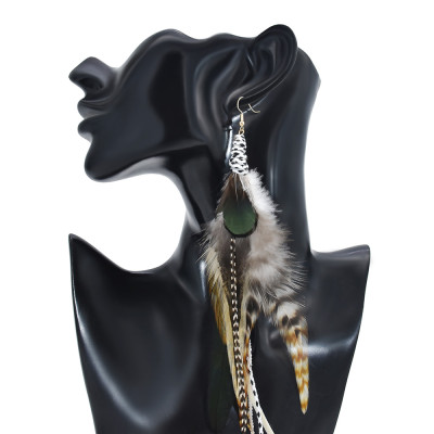 E-6148 5Colors Bohemian Ethnic Natural Feather Long Earrings Fashion Geometric Beads Chain Feather Tassel Earrings