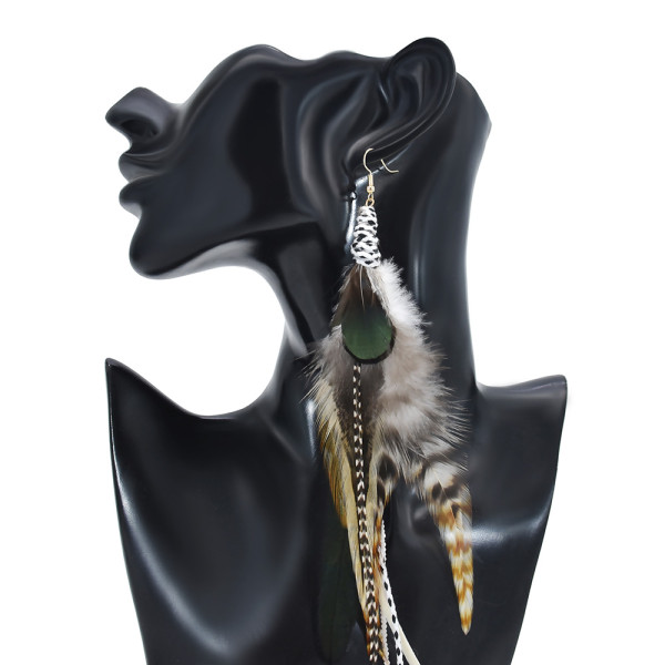 E-6148 5Colors Bohemian Ethnic Natural Feather Long Earrings Fashion Geometric Beads Chain Feather Tassel Earrings