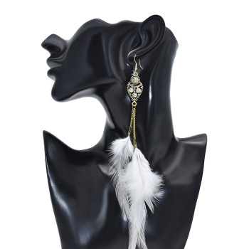 E-6150 Bohemian Stylish Girl Statement Gold Metal Tassel Rhinestone Beads Drop Dream Catcher Women Feather Earrings