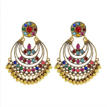 E-6155 Vintage Colorful Crystal Bells Tassel Indian Jhumka Drop Earrings for Women Boho Ethnic Festival Party Jewelry