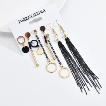 E-6157 4 Pairs Simple Dangle Earrings Set for Women Long Tassel Chain Hoop Earrings Gold Black Colors Earrings