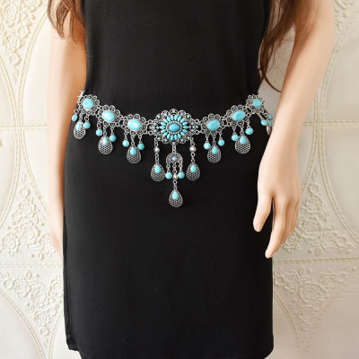 N-7573 Bohemian Vintage Blue Acrylic Beads Water Drop Flower Belly Waist Chains Dance Dress Belts for Women Party Jewelry