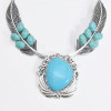 N-7576 Fashion Bohemian Ethnic Silver Metal Carved Feather Turquoise Pendant Retro Necklace New Gypsy Tribe Party Jewelry Gift