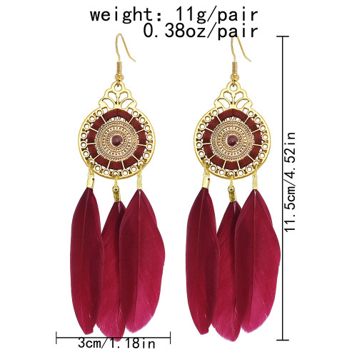E-6160 Vintage Bohemian Indian Feather Earring Gold Plated Alloy Leaf Pendant Magnetic Drop Dangle Earrings