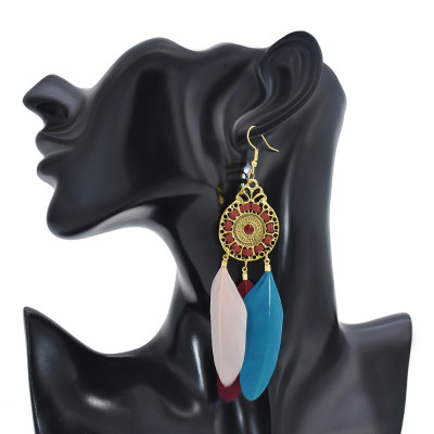 E-6160 Vintage Bohemian Indian Feather Earring Gold Plated Alloy Leaf Pendant Magnetic Drop Dangle Earrings