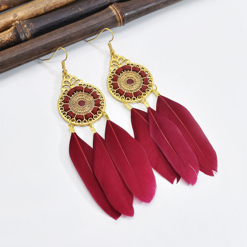 E-6160 Vintage Bohemian Indian Feather Earring Gold Plated Alloy Leaf Pendant Magnetic Drop Dangle Earrings