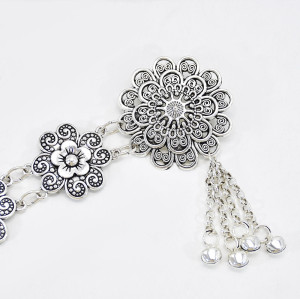 N-7582 Bohemian Vintage Silver Flowers Tassel Bells Body Chain for Women Indian Ethnic Dance Waist Chain