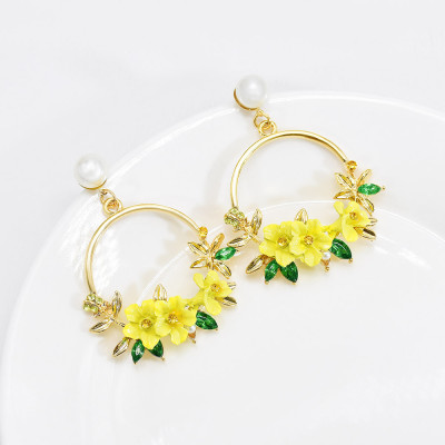 E-6175 Japanese And Korean Style Cute Round Flower Drop Earrings For Women Gold-Plated Pearl Circle Earrings Jewelry Gift For Girls