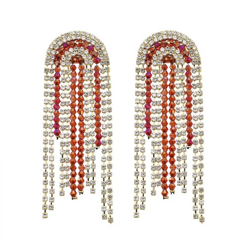 E-6187 Luxury Bling Red Blue Acrylic Beads Crystal Big Long Tassel Earrings For Women Bridal Wedding Party Jewelry