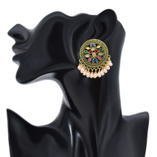 E-6191 Bronze Metal Carved Drop Oil Rhinestone Round Artificial Pearl Tassel Jhumka Jhumki Drop Earrings For Women Vintage Indian Bridal Jewelry