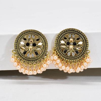 E-6191 Bronze Metal Carved Drop Oil Rhinestone Round Artificial Pearl Tassel Jhumka Jhumki Drop Earrings For Women Vintage Indian Bridal Jewelry