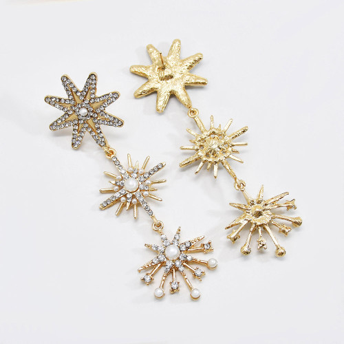 E-6201 Fashion Luxury Style Simple Design Gold Plated Rhinestone Crystal Three Stars Long Tassel Drop Earrings