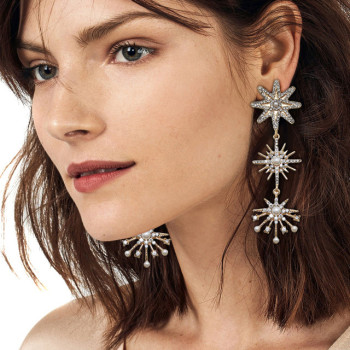 E-6201 Fashion Luxury Style Simple Design Gold Plated Rhinestone Crystal Three Stars Long Tassel Drop Earrings