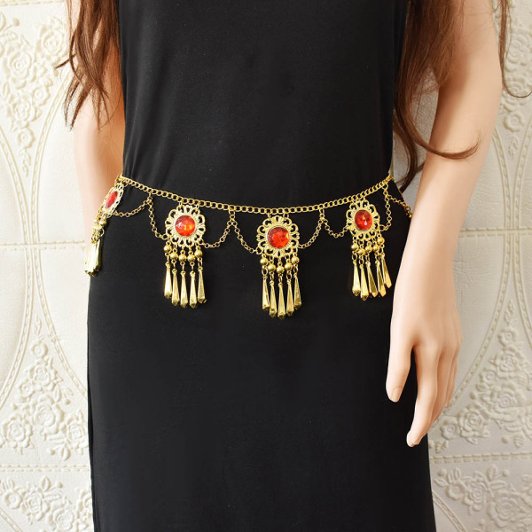 N-7588 Thailand Gold Metal Red Crystal Dress Belt Belly Dance Waist Chains for Women Boho Festival Party Body Jewelry