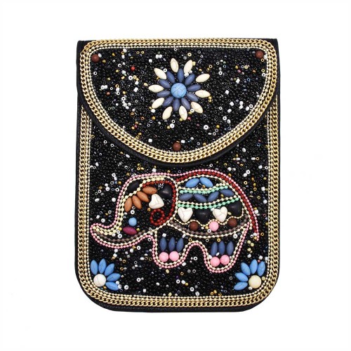 S-0103 Bohemian Ethnic Belt Bracelet Shoulder Bag Set Black Resin Beads Elastic Waist Chain Black Pu Leather Body Jewelry