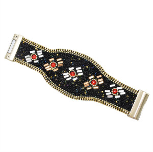 S-0103 Bohemian Ethnic Belt Bracelet Shoulder Bag Set Black Resin Beads Elastic Waist Chain Black Pu Leather Body Jewelry